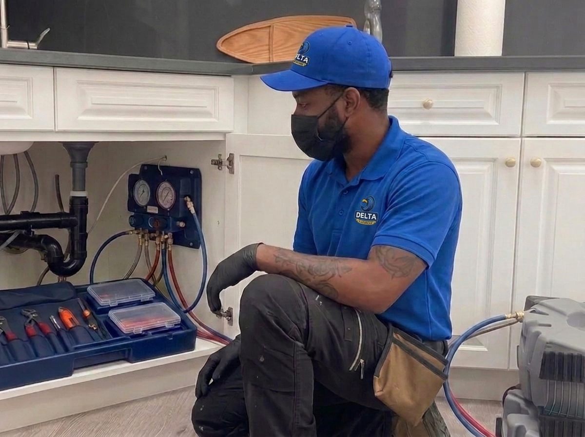 Delta technician servicing plumbing under a kitchen sink