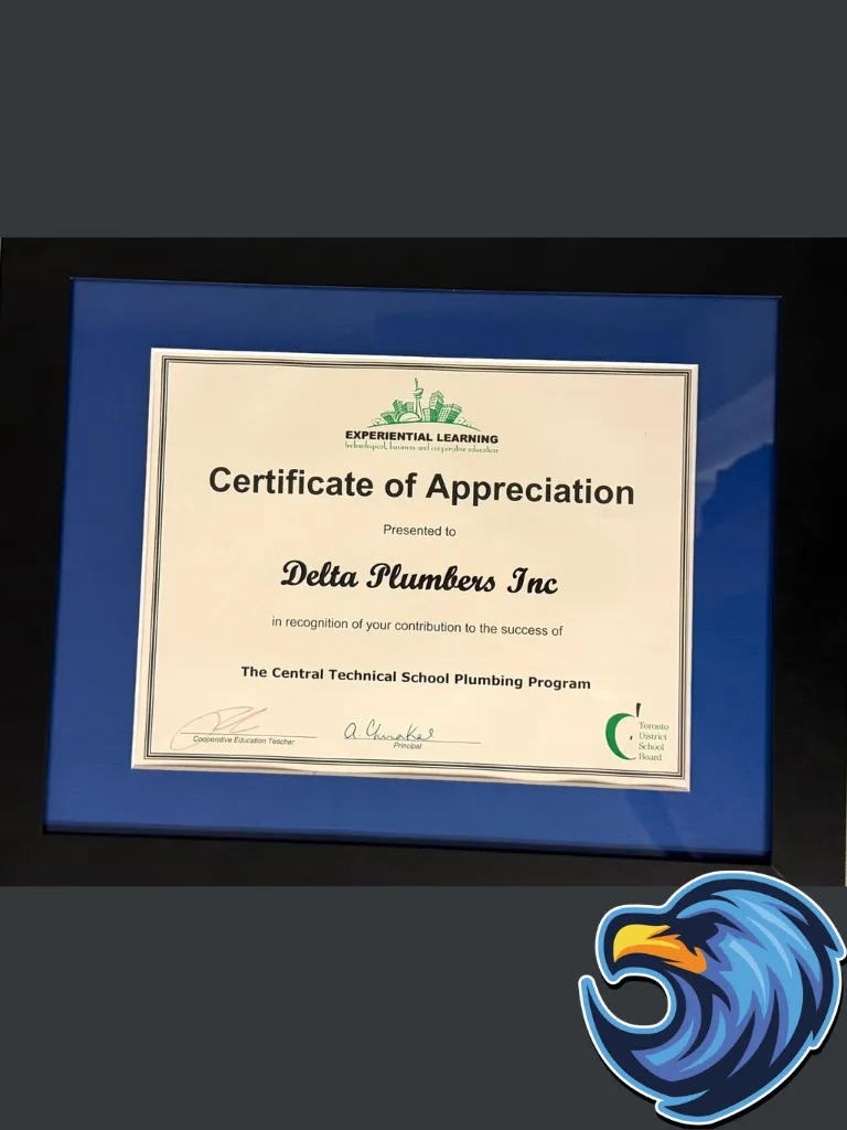 Certificate of Appreciation presented to Delta Plumbers in St. Catharines