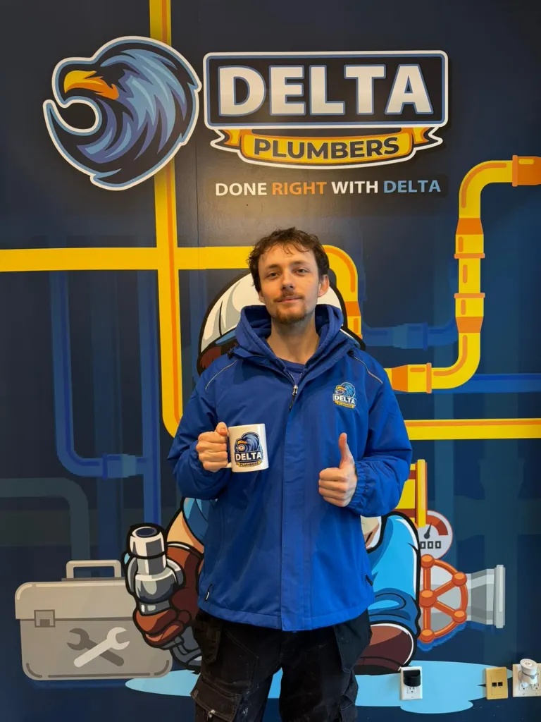 Expert Plumbing Professional with coffee mug - Delta Plumbers of Kitchener