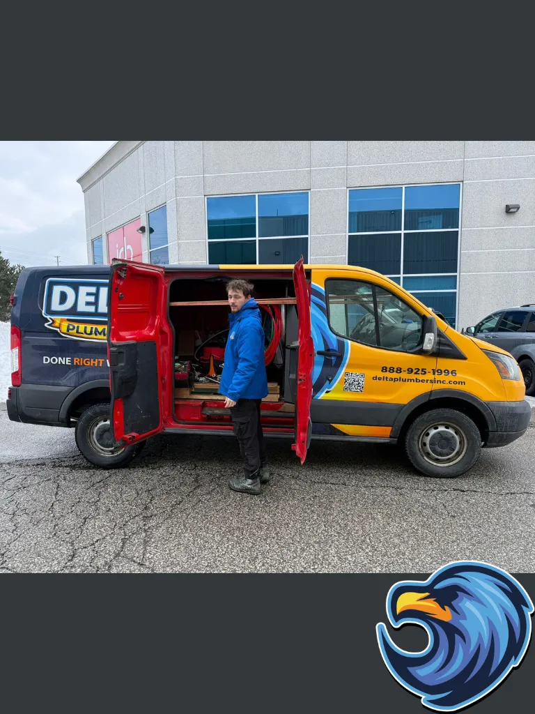 Plumber standing outside a plumbing truck with side gate opened - Delta Plumbers Milton