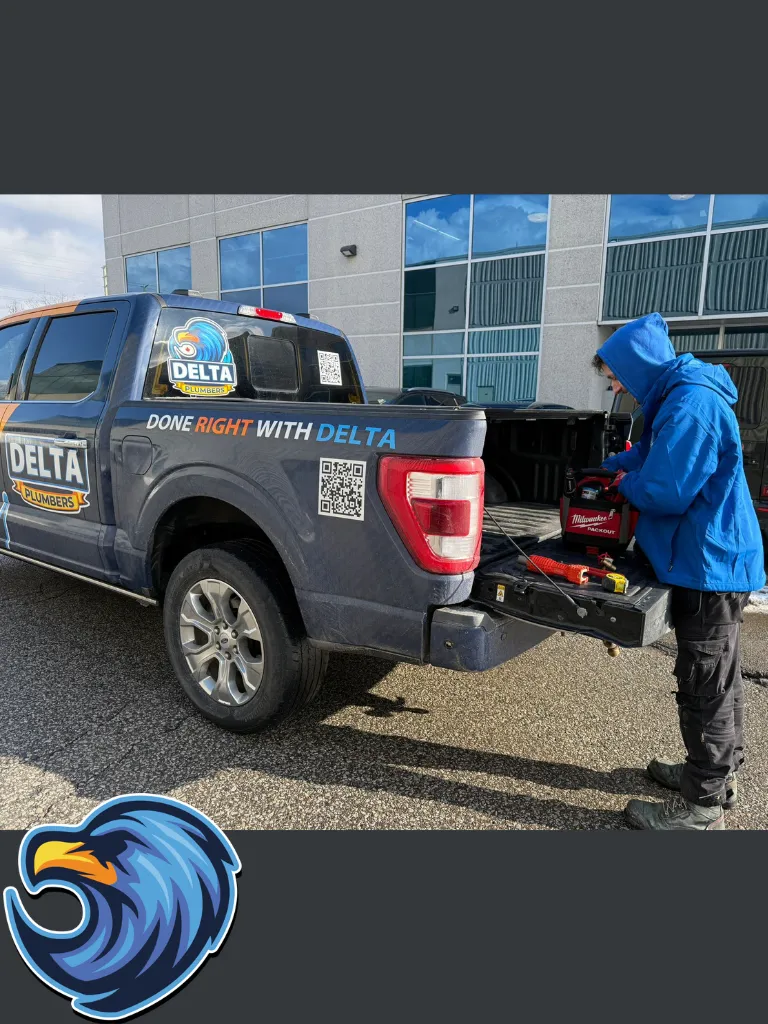 Plumber with tool kit placed on a plumbing truck - Delta Plumbers of Welland