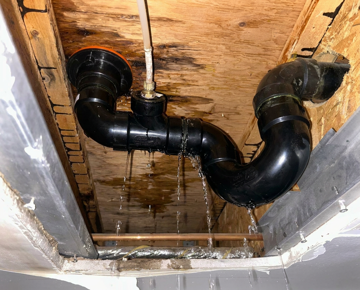 Delta technician servicing plumbing under a kitchen sink