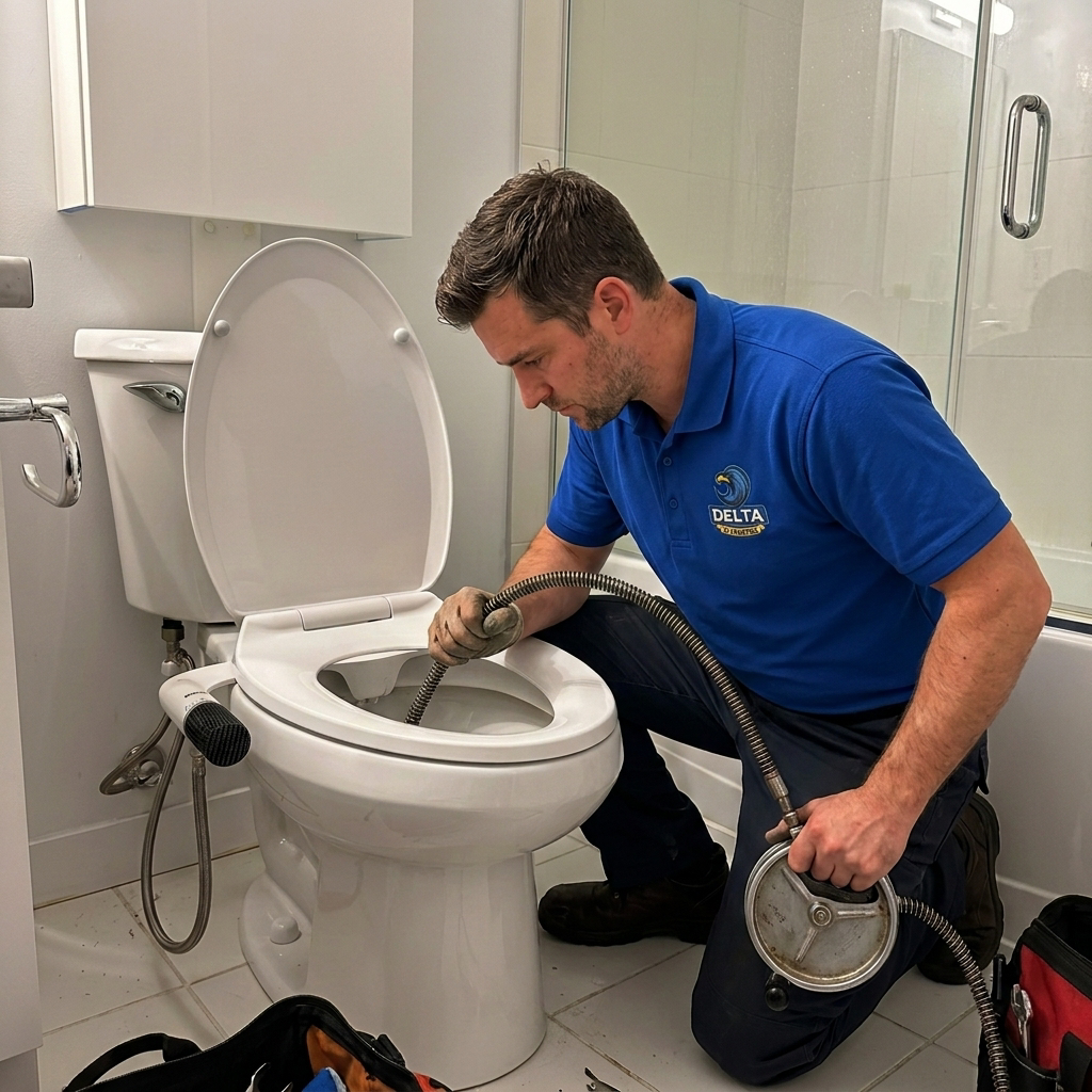 Delta Plumbers technician ready to clear a clogged toilet