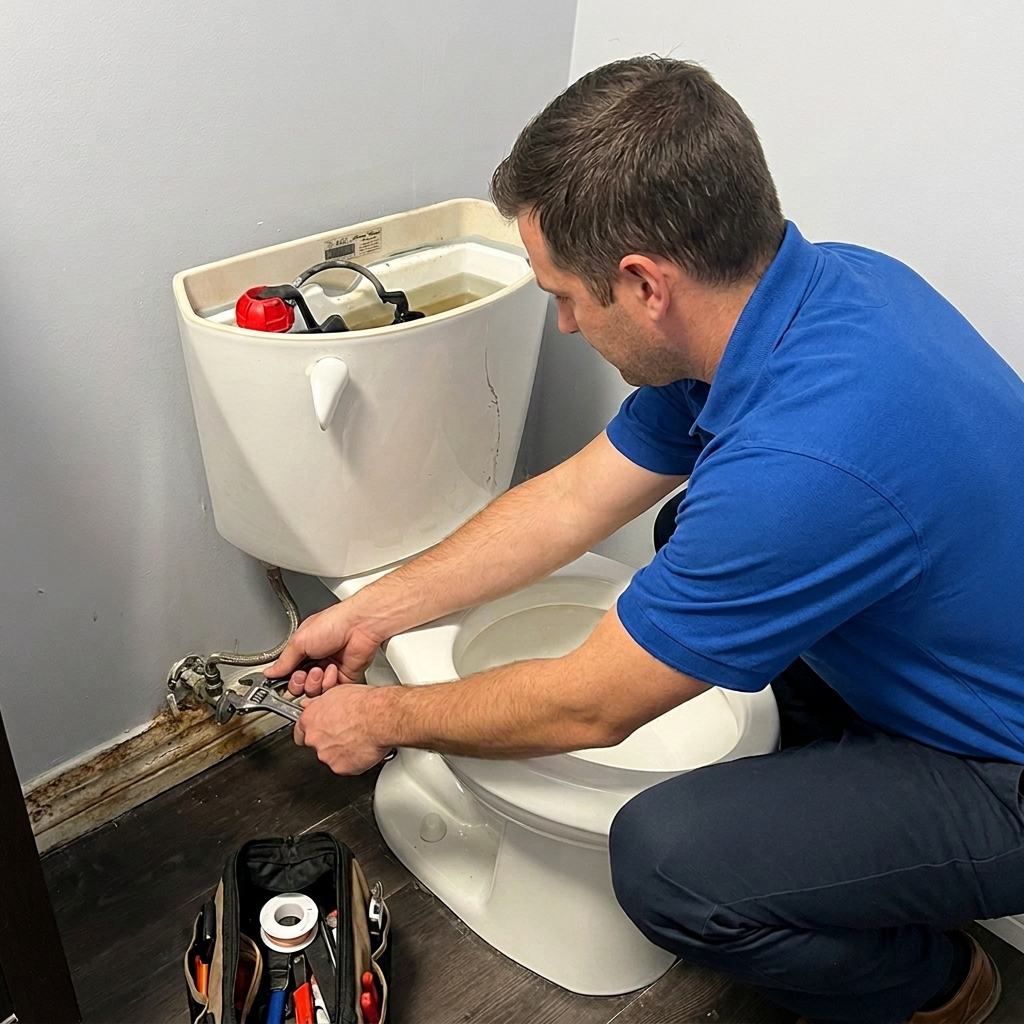 Delta Plumbers technician ready to clear a clogged toilet