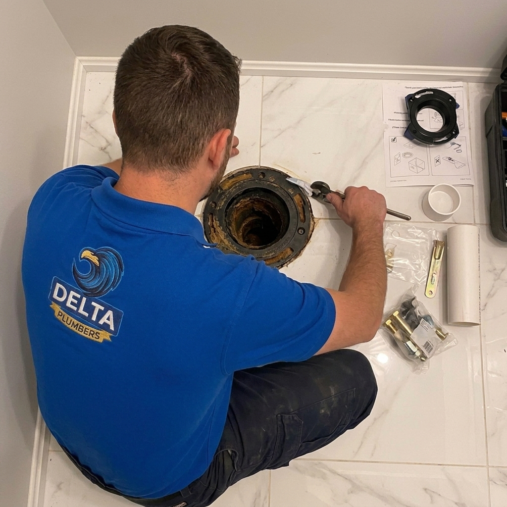 Delta Plumbers technician ready to clear a clogged toilet