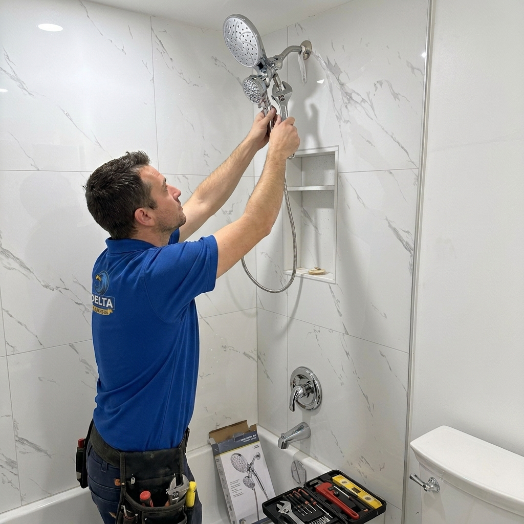 Delta Plumbers technician ready to clear a clogged toilet