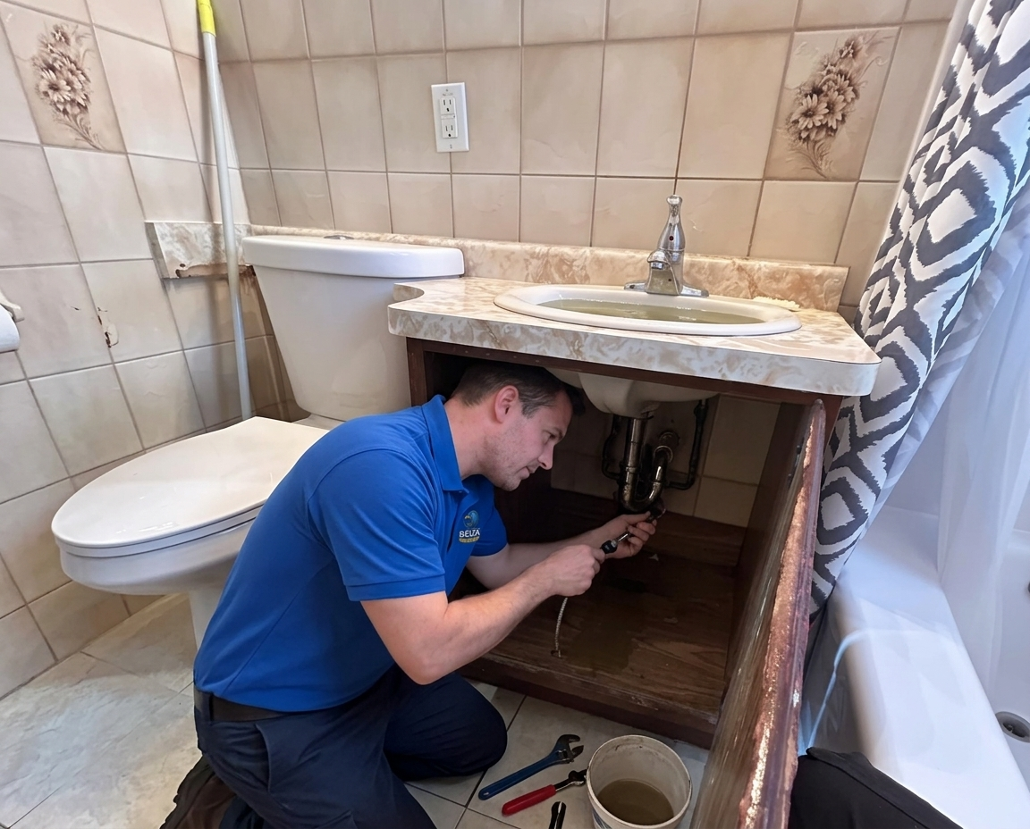 Delta Plumbers technician ready to clear a clogged toilet