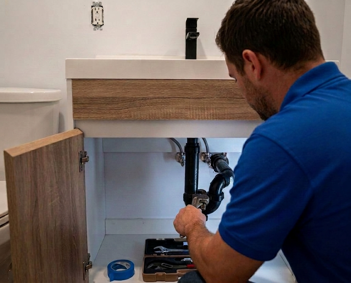 Delta Plumbers technician ready to clear a clogged toilet