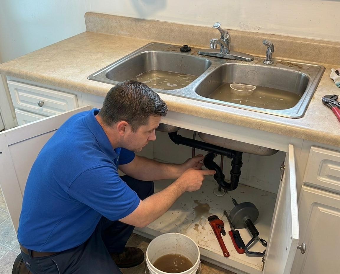 Delta Plumbers technician ready to clear a clogged toilet