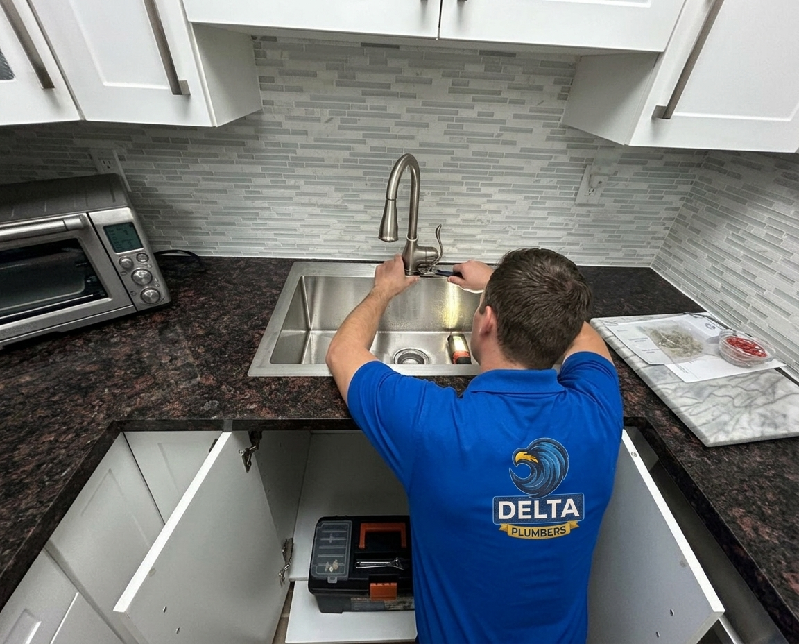 Delta Plumbers technician ready to clear a clogged toilet