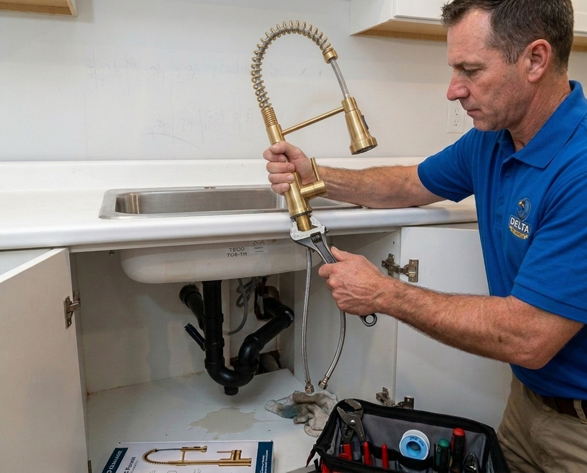 Delta Plumbers technician ready to clear a clogged toilet