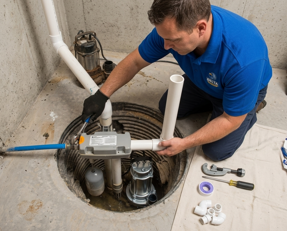 Delta Plumbers technician ready to clear a clogged toilet
