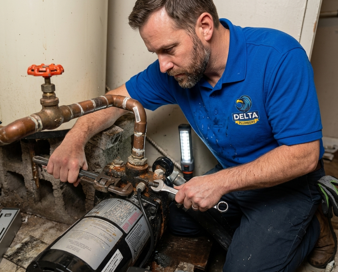 Delta Plumbers technician ready to clear a clogged toilet