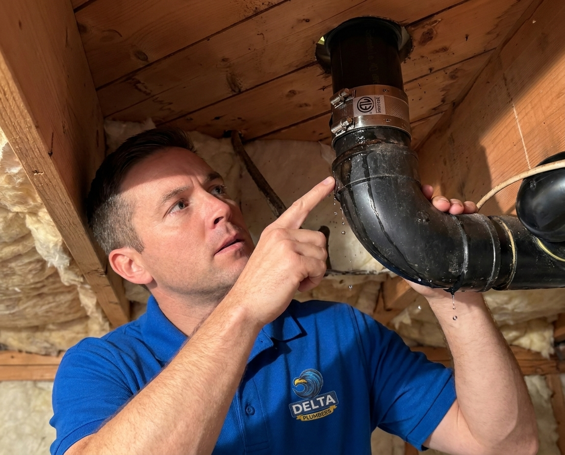 Delta technician with emergency drain-clearing equipment