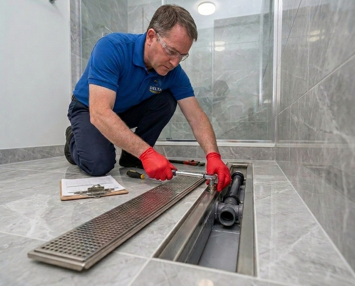 Delta Plumbers technician ready to clear a clogged toilet