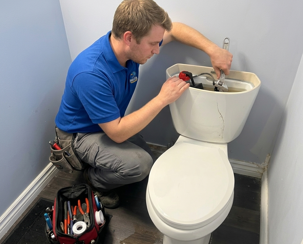 Delta technician servicing plumbing under a kitchen sink
