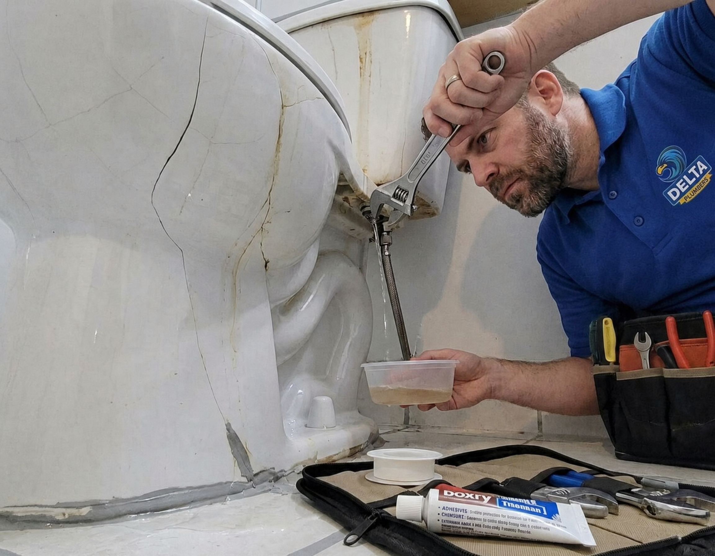 Delta technician with emergency drain-clearing equipment