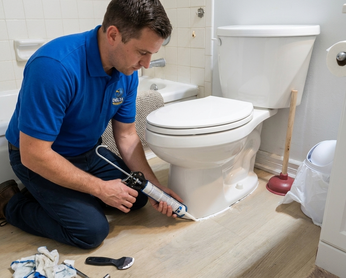 Delta technician with emergency drain-clearing equipment