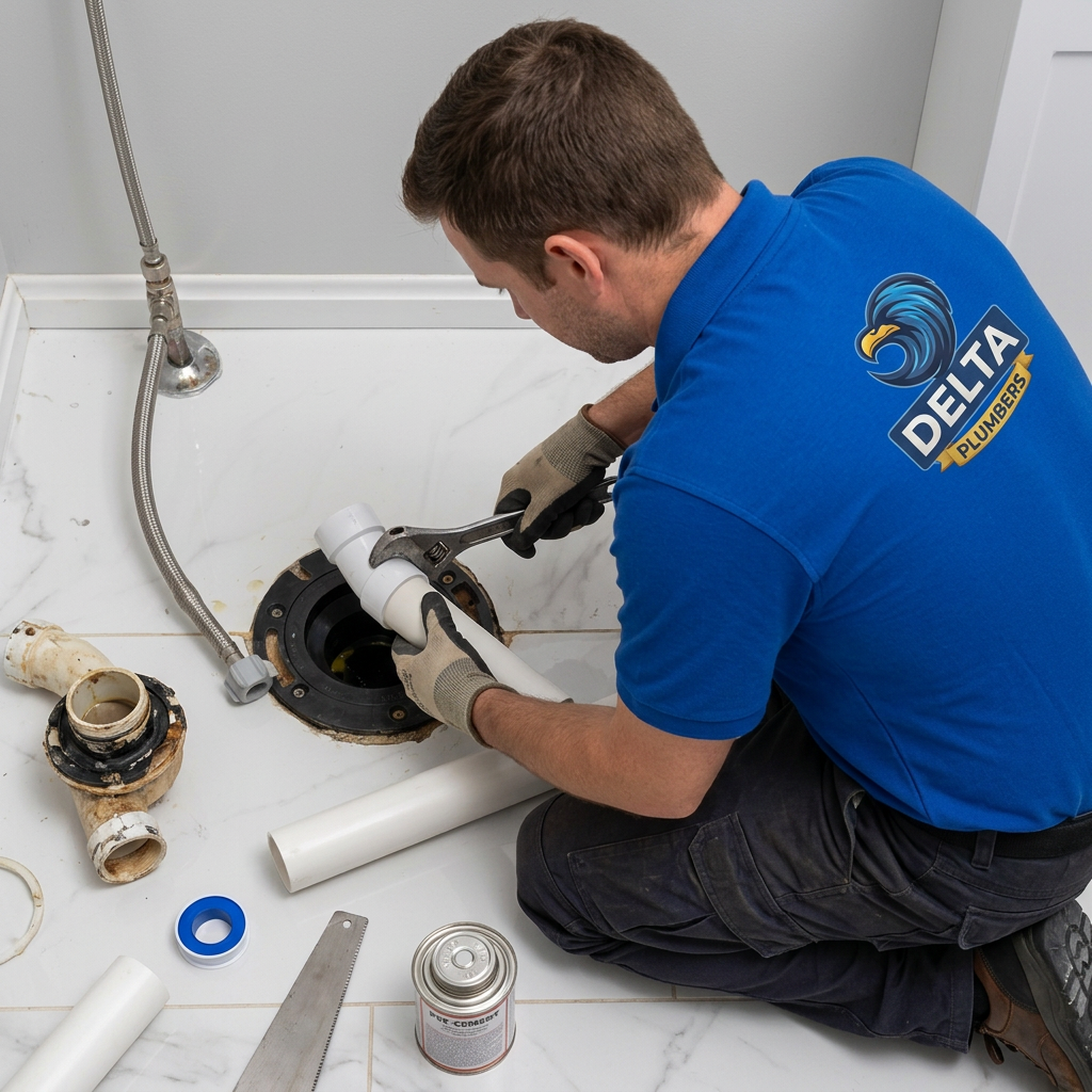 Delta plumber clearing a clogged toilet