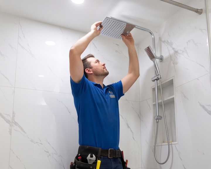 Delta plumber clearing a clogged toilet