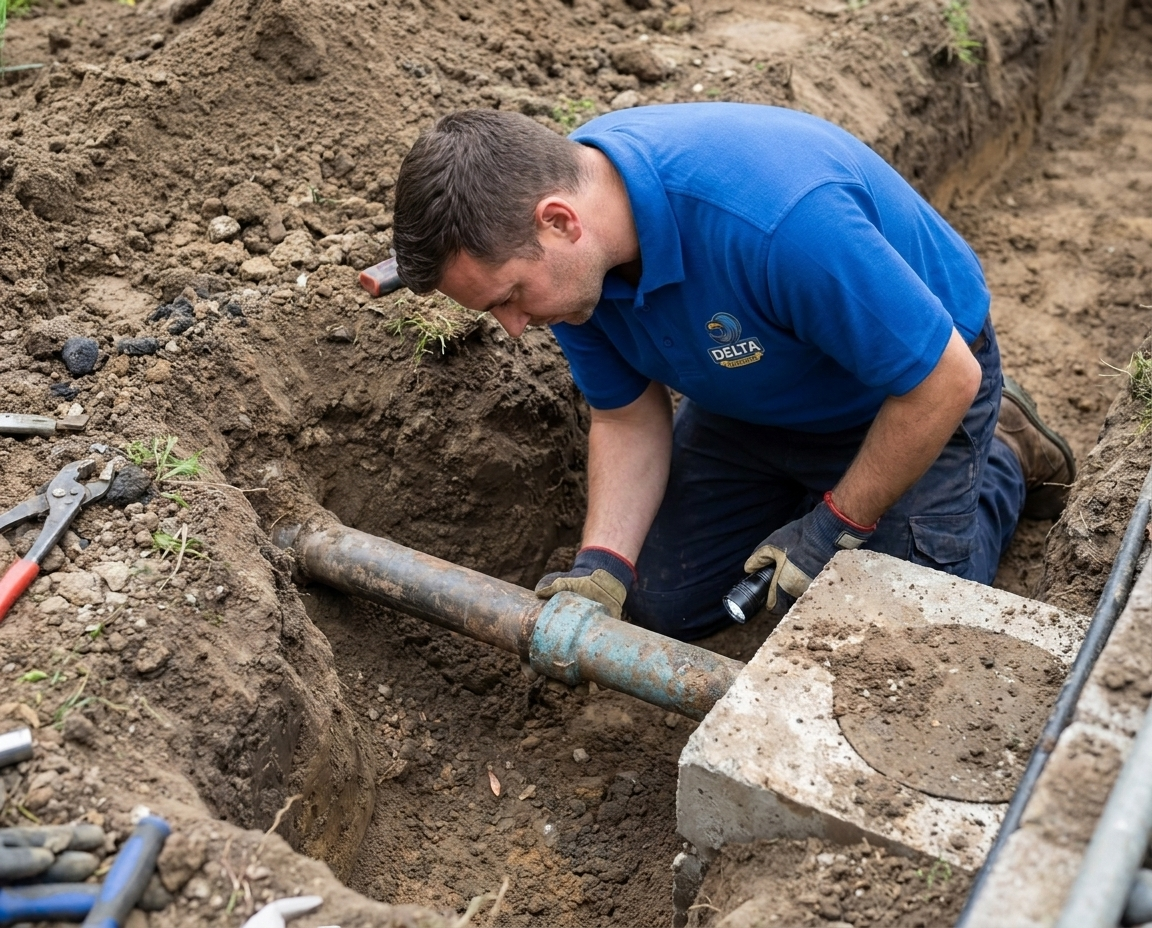Delta Plumbers technician ready to clear a clogged toilet
