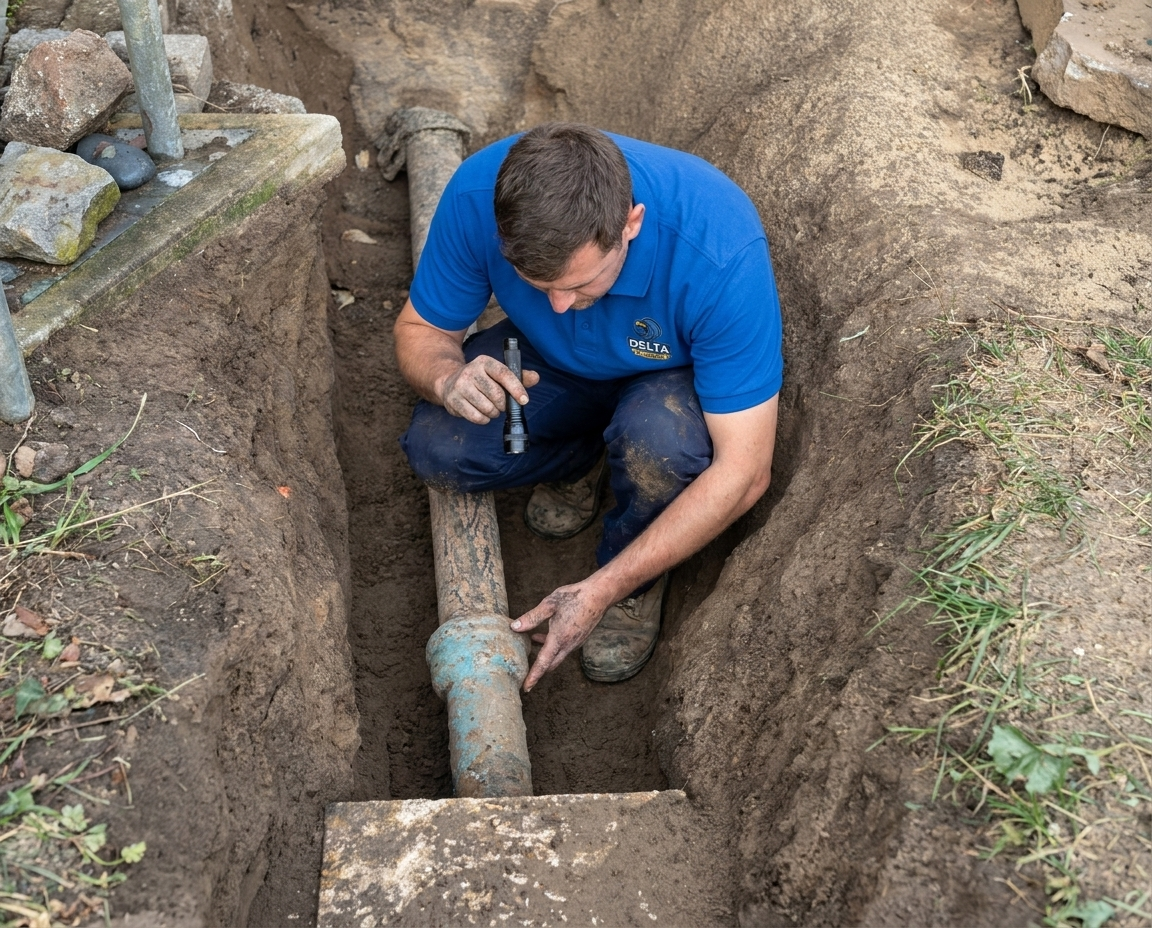 Delta Plumbers technician ready to clear a clogged toilet