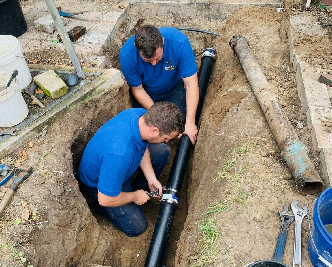 Delta Plumbers technician ready to clear a clogged toilet