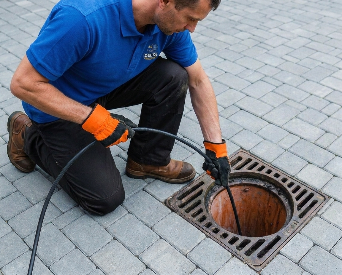 Delta Plumbers technician ready to clear a clogged toilet